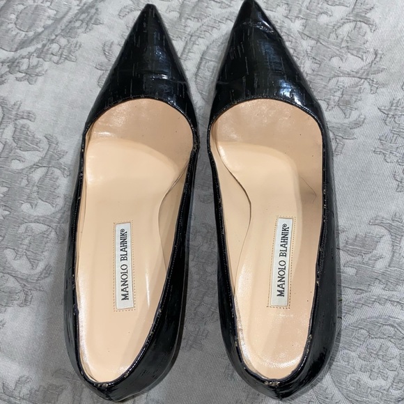 Manolo Blahnik Textured Black Patent Pointed Toe 3” Heel Leather Pumps Size 39 - Picture 5 of 16